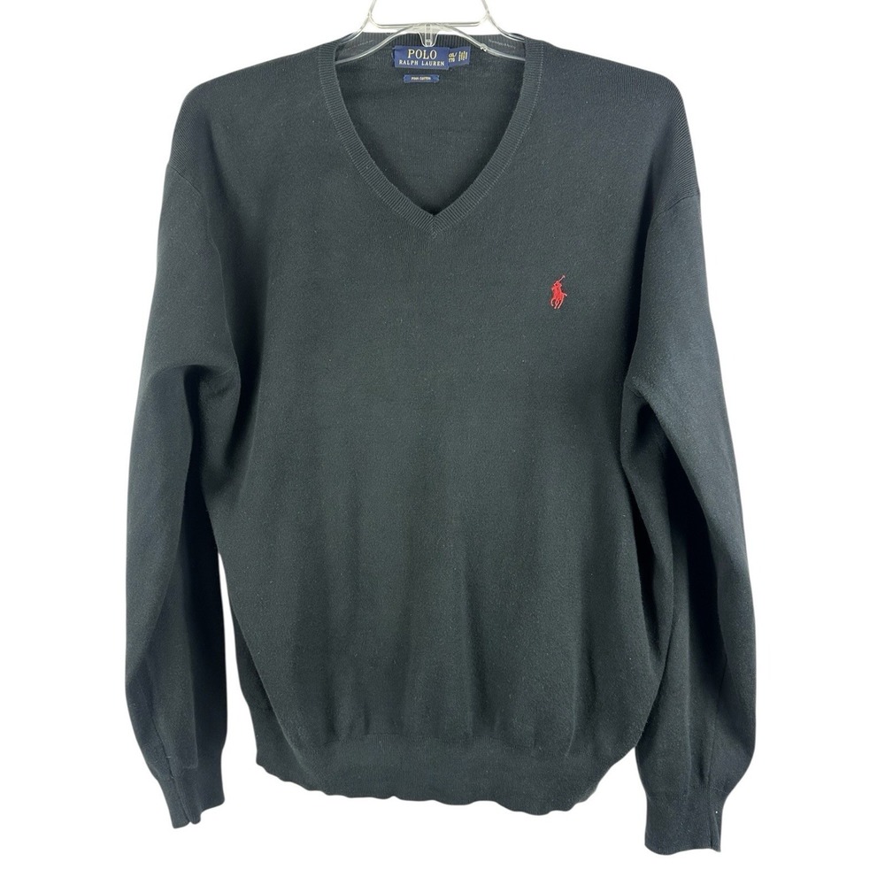 Ralph Lauren Men's 2XL Sweater Preppy Pony Black Pima Cotton V-neck Jumper Red